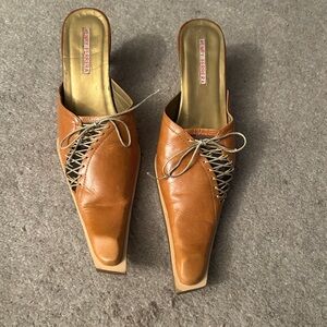 Henry Ferrera Tan Leather Slip-On Lace-Up Mules